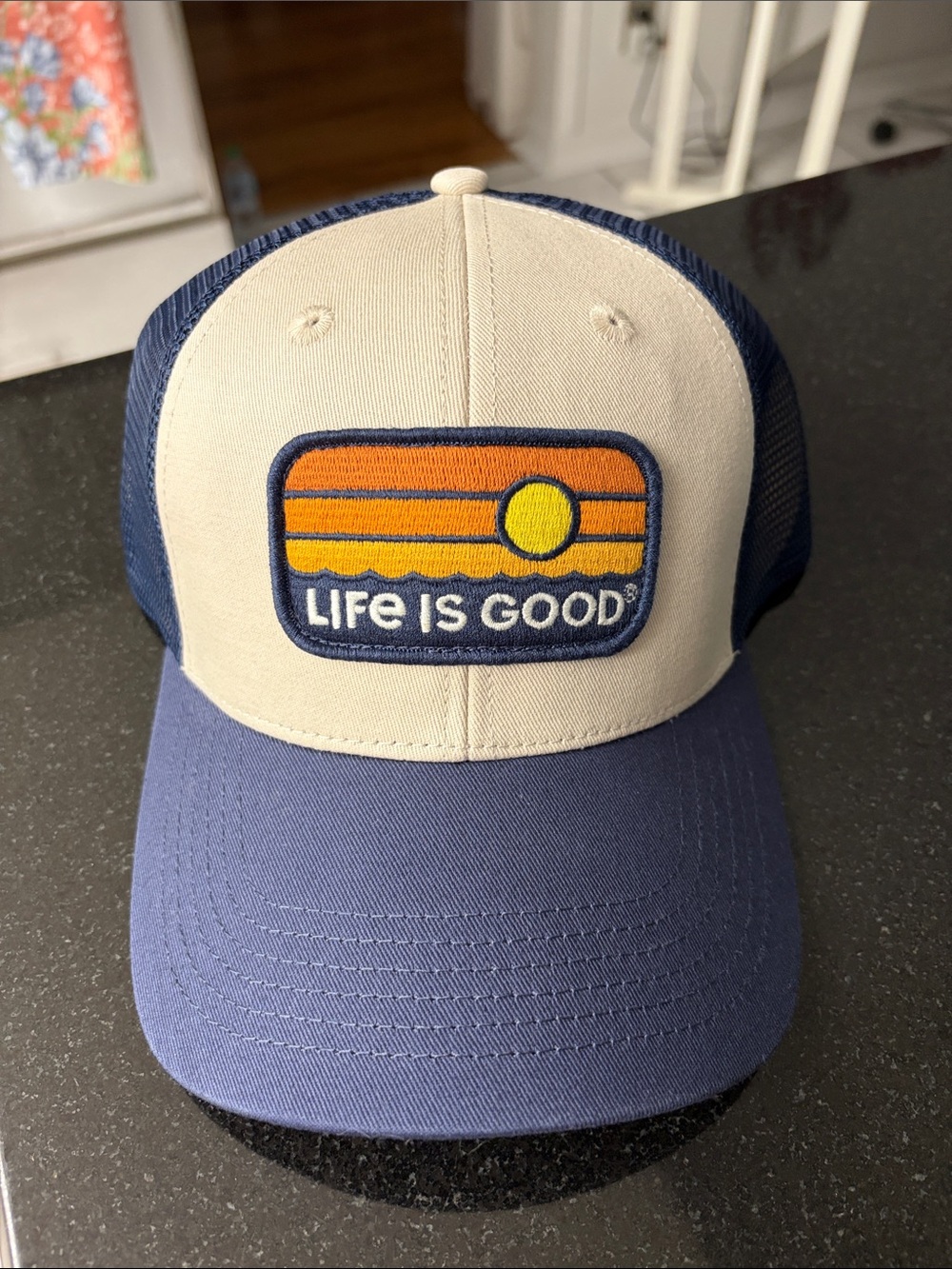 Life Is Good Navy and Cream Sunset Patch Trucker Hat
